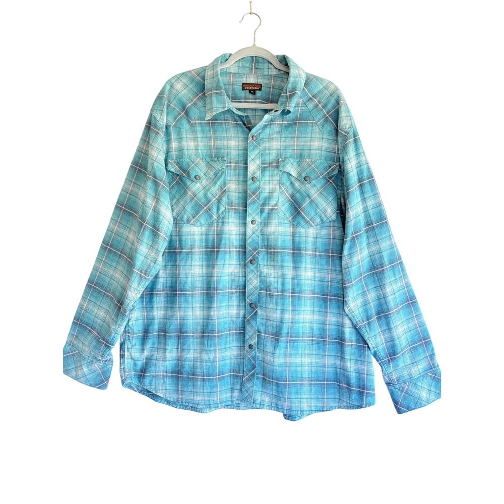 Patagonia Mens XXL Turquoise Plaid Hemp Blend Snap Front Western Shirt‎